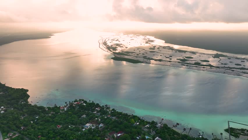 Bacalar town in Mexico Belize border, Bacalar lagoon and sunset view, Panoramic drone view
