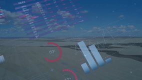 Pie chart graphic being displayed over rural fields, featuring HUD style graphs and world map. Data visualization, rural landscape, infographic design, agricultural analytics, digital interface, - Powered by Shutterstock - Get 15% off with code: PIKWIZARD15