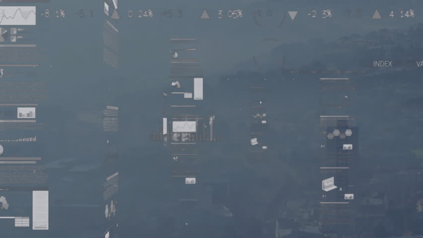 Interactive data dashboard displaying pie charts, stacked bar graphs and line charts over cityscape. Technology, analytics, interface, visualization, urban, futuristic, data - Powered by Shutterstock - Get 15% off with code: PIKWIZARD15