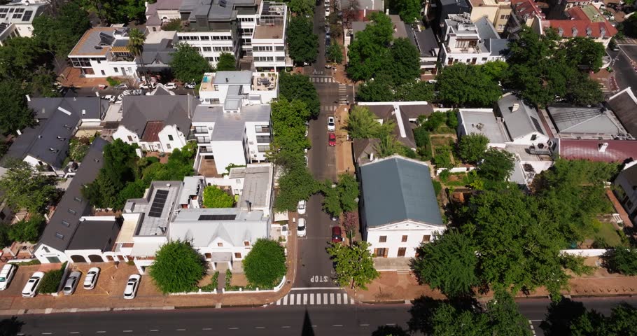 Birds Eye Aerial View Above Downtown Stellenbosch, South Africa