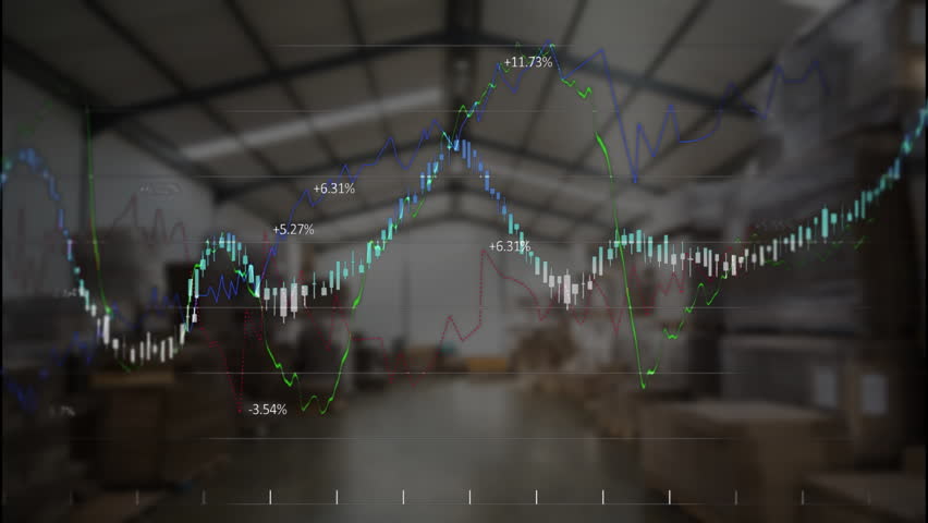 Stock chart displaying candlestick bars and colored line graphs over warehouse racks in flat design. Industrial, logistics, data visualization, finance, analysis, infrastructure, technology - Powered by Shutterstock - Get 15% off with code: PIKWIZARD15