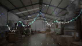 Stock chart displaying candlestick bars and colored line graphs over warehouse racks in flat design. Industrial, logistics, data visualization, finance, analysis, infrastructure, technology - Powered by Shutterstock - Get 15% off with code: PIKWIZARD15