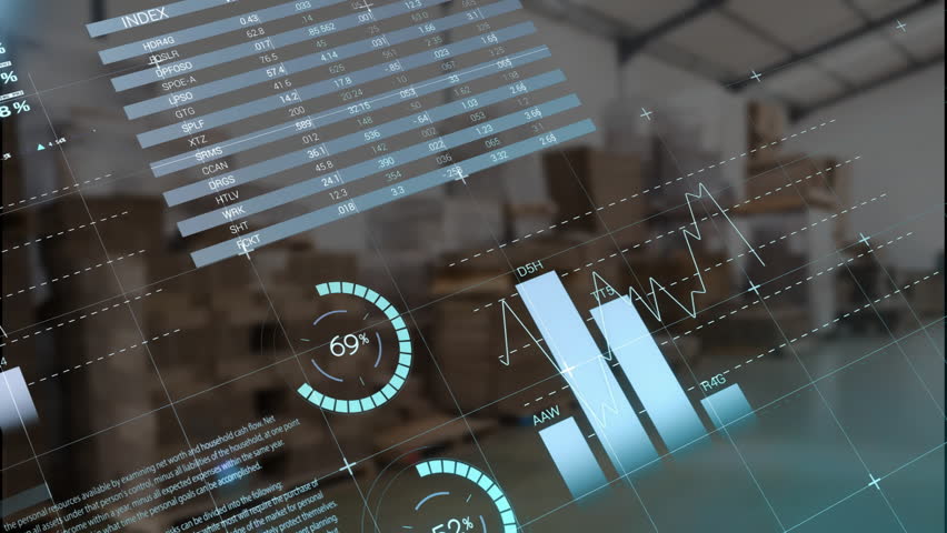 Holographic analytics UI showing warehouse data with world map, pie charts, candlestick chart in 3D. Technology, data visualization, industrial, futuristic, digital interface, logistics, analytics