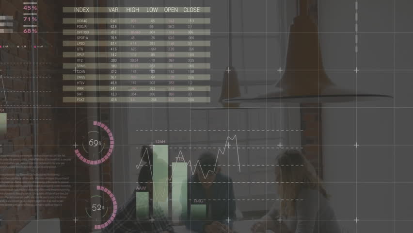 three colleagues collaborating around table in business meeting with animated pie charts floating. Collaboration, teamwork, data analysis, modern office, business strategy, professional, digital - Powered by Shutterstock - Get 15% off with code: PIKWIZARD15