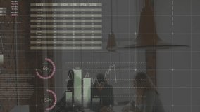 three colleagues collaborating around table in business meeting with animated pie charts floating. Collaboration, teamwork, data analysis, modern office, business strategy, professional, digital - Powered by Shutterstock - Get 15% off with code: PIKWIZARD15