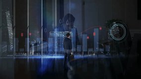 Businessman walking glass corridor, viewing financial candlestick charts and bar graph overlays. Corporate, finance, reflective, modern, metropolitan, professional, data visualization - Powered by Shutterstock - Get 15% off with code: PIKWIZARD15