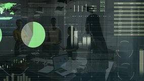 Four businesswomen analyzing data around office table, projecting animated charts onto glass walls. Professional, corporate, modern, analysis, collaboration, digital, innovation - Powered by Shutterstock - Get 15% off with code: PIKWIZARD15