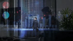 Male executive holding briefcase in office, displaying financial candlestick charts, bar graphs. Corporate, technology, innovation, finance, metropolitan, modern, strategic - Powered by Shutterstock - Get 15% off with code: PIKWIZARD15