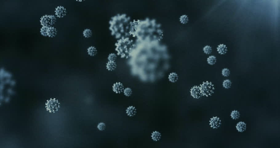 Spiky viral particles floating in dark fluid, highlighting golden mesh filaments in 3D render. Microscopic, nanotechnology, biohazard, pathogen, molecular, abstract, scientific