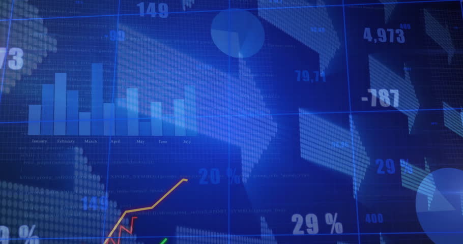 Overlapping line graphs being animated over financial dashboard, with bar charts and pie charts. Analytics, data visualization, finance, technology, business intelligence, dashboard, digital interface