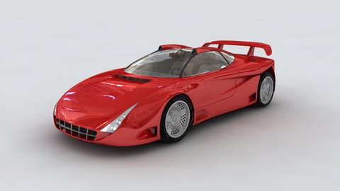 3D Red concept sports car rotating on white background in car-show setup.