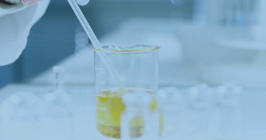 Glass beaker containing yellow liquid being visualized in 3D lab render, showing pipette HUD. Scientific, precision, innovation, technology, research, analytical, futuristic