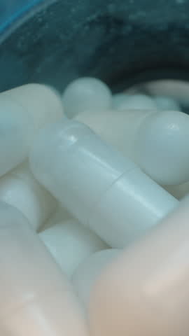 Vertical video. Inside a Blue Jar Packed with White Capsules, Illuminated with Detailed Lighting and Sharp Focus Dolly slider, close up.