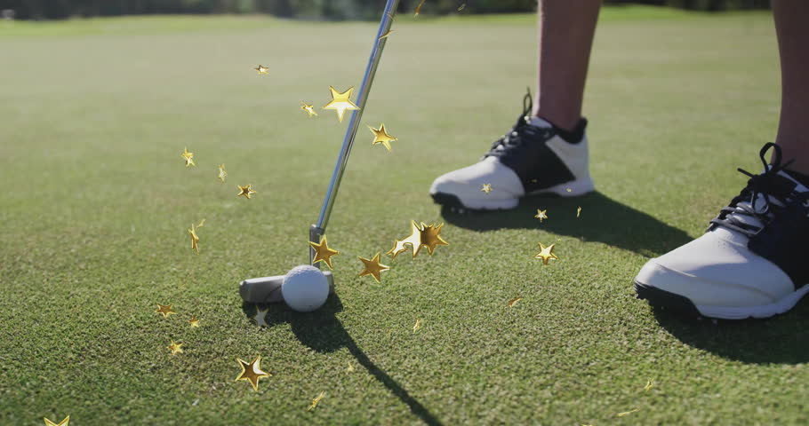 Female golfer lining up green putt for golf marketing, with golden star graphics floating. Sports equipment, lifestyle, realistic, outdoor, elegance, concentration, leisure