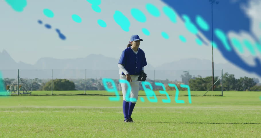 Female baseball player jumping high on grassy field, displaying floating analytics charts. Athlete, sports, outdoor, action, dynamic, energy, motion