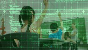 Female teacher guiding two students raising hands under floating code grid in technology classroom. Education, mentorship, innovation, collaboration, digital, learning, classroom - Powered by Shutterstock - Get 15% off with code: PIKWIZARD15