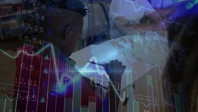 Person writing notes at wooden desk, showing animated finance data charts and world map. Professional, workspace, modern, analytical, technology, productivity, business - Powered by Shutterstock - Get 15% off with code: PIKWIZARD15