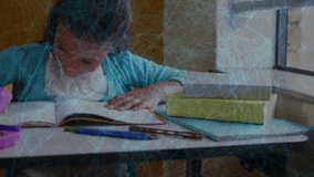 Student girl writing in notebook at desk, showing colored pencils and network overlay for education. Child, education, learning, classroom, study, creativity, concentration - Powered by Shutterstock - Get 15% off with code: PIKWIZARD15