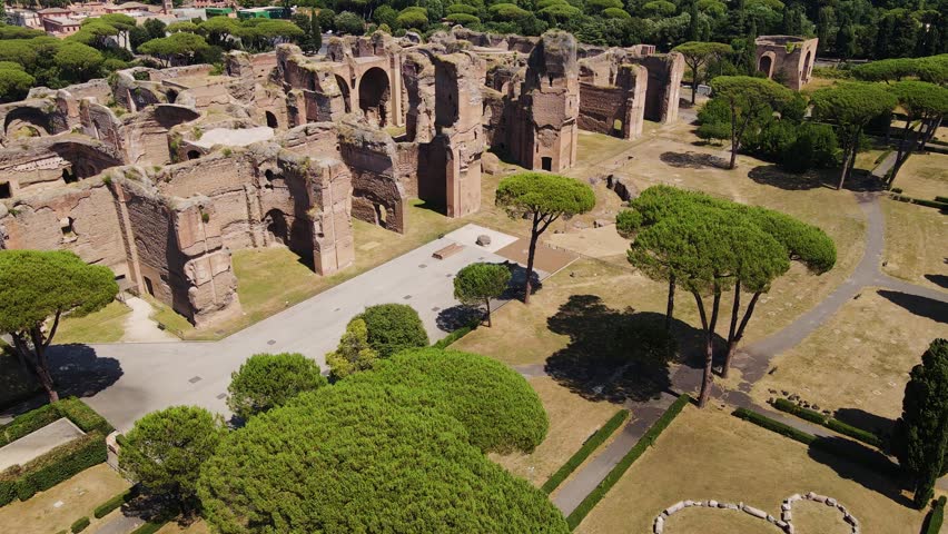 Ancient Roman Caracalla Baths surrounded by lush greenery on a sunny day, Drone