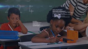 teacher guiding students writing at desks while network overlay showing classroom technology flow. Educator, learning, innovation, collaboration, student, classroom, digital - Powered by Shutterstock - Get 15% off with code: PIKWIZARD15