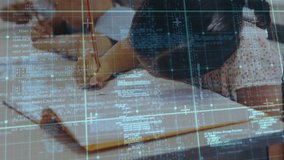 Female teacher guiding students writing at desks in classroom, showing tech code overlay. Education, learning, classroom, digital, technology, youth, creativity - Powered by Shutterstock - Get 15% off with code: PIKWIZARD15