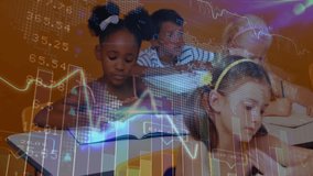 Group of students writing at desks in school classroom, showing animated financial charts and data. Education, learning, focus, innovation, teamwork, youth, technology - Powered by Shutterstock - Get 15% off with code: PIKWIZARD15