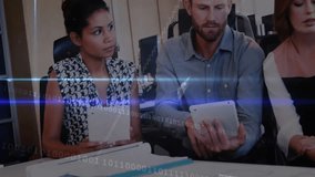 office workers collaborating at desk in tech office, featuring binary code and light flare overlays. Professional, teamwork, innovation, technology, modern, communication, productivity - Powered by Shutterstock - Get 15% off with code: PIKWIZARD15