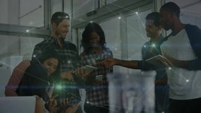 Six professionals collaborating on devices in tech office, featuring glowing network overlay. Collaboration, innovation, connectivity, teamwork, modernity, technology, corporate - Powered by Shutterstock - Get 15% off with code: PIKWIZARD15