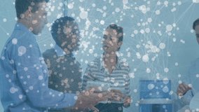 Group gathering around office water cooler discussing business plan, displaying network overlay. Collaboration, teamwork, innovation, communication, modern, digital, professional - Powered by Shutterstock - Get 15% off with code: PIKWIZARD15