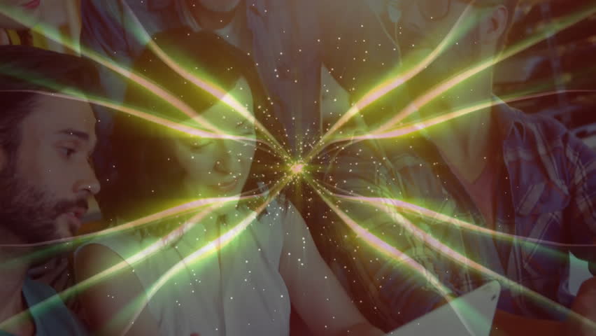 team collaborating around tablet in tech office, with animated energy beams and sparkles. Collaboration, innovation, technology, futurism, teamwork, dynamic, creative - Powered by Shutterstock - Get 15% off with code: PIKWIZARD15