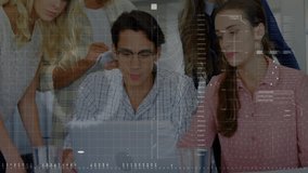 Team of professionals collaborating around laptop in tech office, showing holographic data graphs. Collaboration, teamwork, innovation, digital, futuristic, corporate, brainstorming - Powered by Shutterstock - Get 15% off with code: PIKWIZARD15