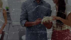 Professionals reviewing tablet in office, featuring technology network overlay of glowing nodes. Collaboration, innovation, connectivity, teamwork, digital, technology, modern - Powered by Shutterstock - Get 15% off with code: PIKWIZARD15