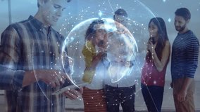 Technology team analyzing network data in modern office, displaying digital holographic globe. Collaboration, innovation, futuristic, data visualization, teamwork, digital interface, modern workspace - Powered by Shutterstock - Get 15% off with code: PIKWIZARD15