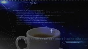 White ceramic coffee cup being filled with coffee stream in dark space, with binary code overlays. Futuristic, technology, digital, interface, holographic, data, modern - Powered by Shutterstock - Get 15% off with code: PIKWIZARD15