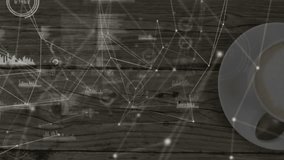 White coffee cup floating above wooden table surface, showing digital network nodes and bar charts. Technology, innovation, workspace, rustic, modern, data visualization, connectivity - Powered by Shutterstock - Get 15% off with code: PIKWIZARD15