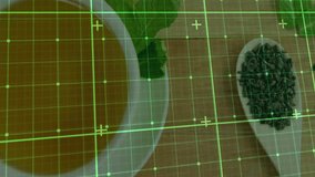 White ceramic tea cup being scanned in top-down flat design, showing loose leaves, mint, green grid. Tea, beverage, herbal, aromatic, wellness, sustainable, minimalist - Powered by Shutterstock - Get 15% off with code: PIKWIZARD15