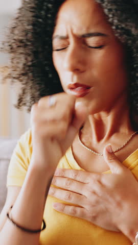 Asthma, coughing or viral infection and woman in home with symptoms of chest or respiratory problems. Allergy, lungs or sickness and unhealthy person in apartment with cold, influenza or pneumonia