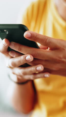 Hands, person and typing with phone at house for communication, social media and texting message. Closeup, woman and mobile with internet search, online information and reading for chat notification