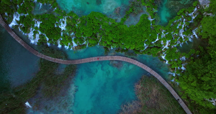 Aerial View Of Wooden Path Trail In Plitvice Lakes National Park, UNESCO Natural World Heritage In Croatia. 