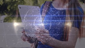 Female student interacting with tablet in park, showing education network nodes holographic globe. Futuristic, technology, innovation, connectivity, youth, education, digital - Powered by Shutterstock - Get 15% off with code: PIKWIZARD15