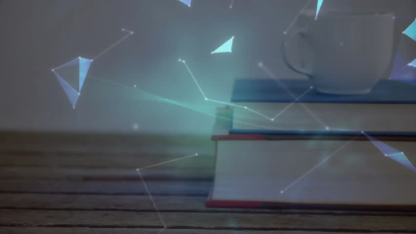Three hardcover books showing floating holographic globe above tabletop, featuring smartwatch. Technology, innovation, digital, education, futurism, data, connectivity