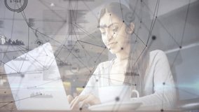 woman typing on laptop in café, showcasing data analytics network graph and bar-chart overlays. Technology, collaboration, workspace, modern, innovation, connectivity, productivity - Powered by Shutterstock - Get 15% off with code: PIKWIZARD15