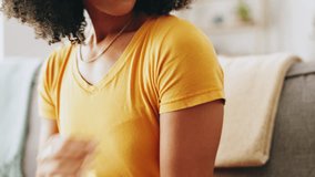 Home, hands and woman with shoulder pain, tired and joint injury with stress, muscle tension and fatigue. Closeup, apartment and person on sofa, inflammation and ache with bad posture or osteoporosis - Powered by Shutterstock - Get 15% off with code: PIKWIZARD15