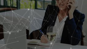 businesswoman making phone call in modern office, showing digital network graphics overlay. Professional, technology, modern, corporate, communication, urban, network - Powered by Shutterstock - Get 15% off with code: PIKWIZARD15