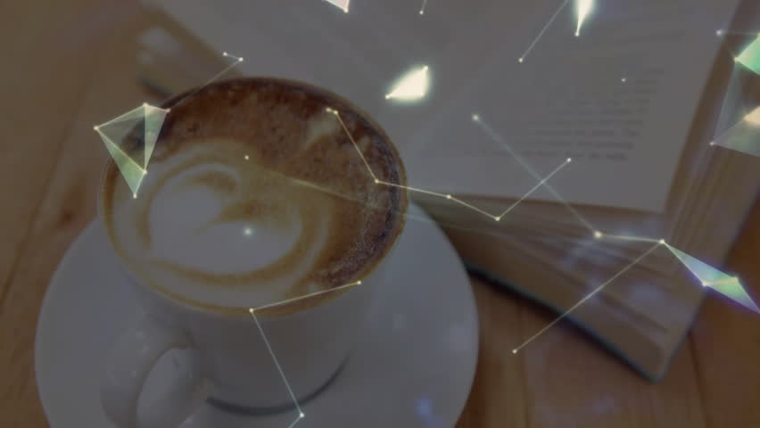 White coffee cup hovering on table beside open book and holographic globe visualizing network. Minimalist, technology, communication, connectivity, modern, digital, workspace