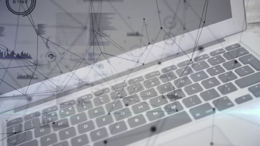 Laptop keyboard resting under flat design network overlay, displaying data charts beside red mug. Technology, innovation, workspace, digital, connectivity, modern, futuristic - Powered by Shutterstock - Get 15% off with code: PIKWIZARD15