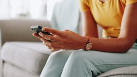 Hands, woman and typing with phone on sofa for dating site chat, social media post and text message response. Closeup, person and smartphone for internet research, email notification or communication - Powered by Shutterstock - Get 15% off with code: PIKWIZARD15