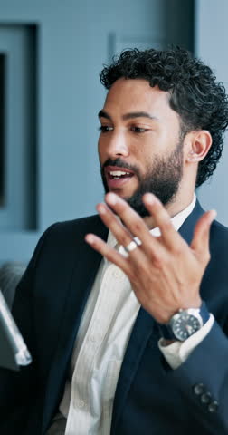 Man, tablet and happy video call at office for networking, negotiation or contact at real estate agency. Person, realtor and smile for talk on touchscreen app, feedback or deal for property investing