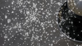 Dark ceramic coffee cup showing latte art from overhead in 3D render, overlaying network node grid. Digital, sophistication, modern, abstract, technology, hospitality, ambiance - Powered by Shutterstock - Get 15% off with code: PIKWIZARD15