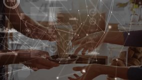 Latte handover being animated across café counter, showing network nodes, lines and data bars. Coffee, hospitality, modern, digital, networking, ambiance, pastry - Powered by Shutterstock - Get 15% off with code: PIKWIZARD15